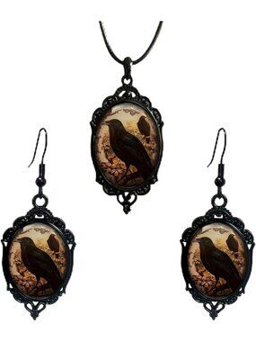 Vintage Gothic Raven Bat Witch Jewelry Set Cameo Necklace Earrings-A3:Yellow